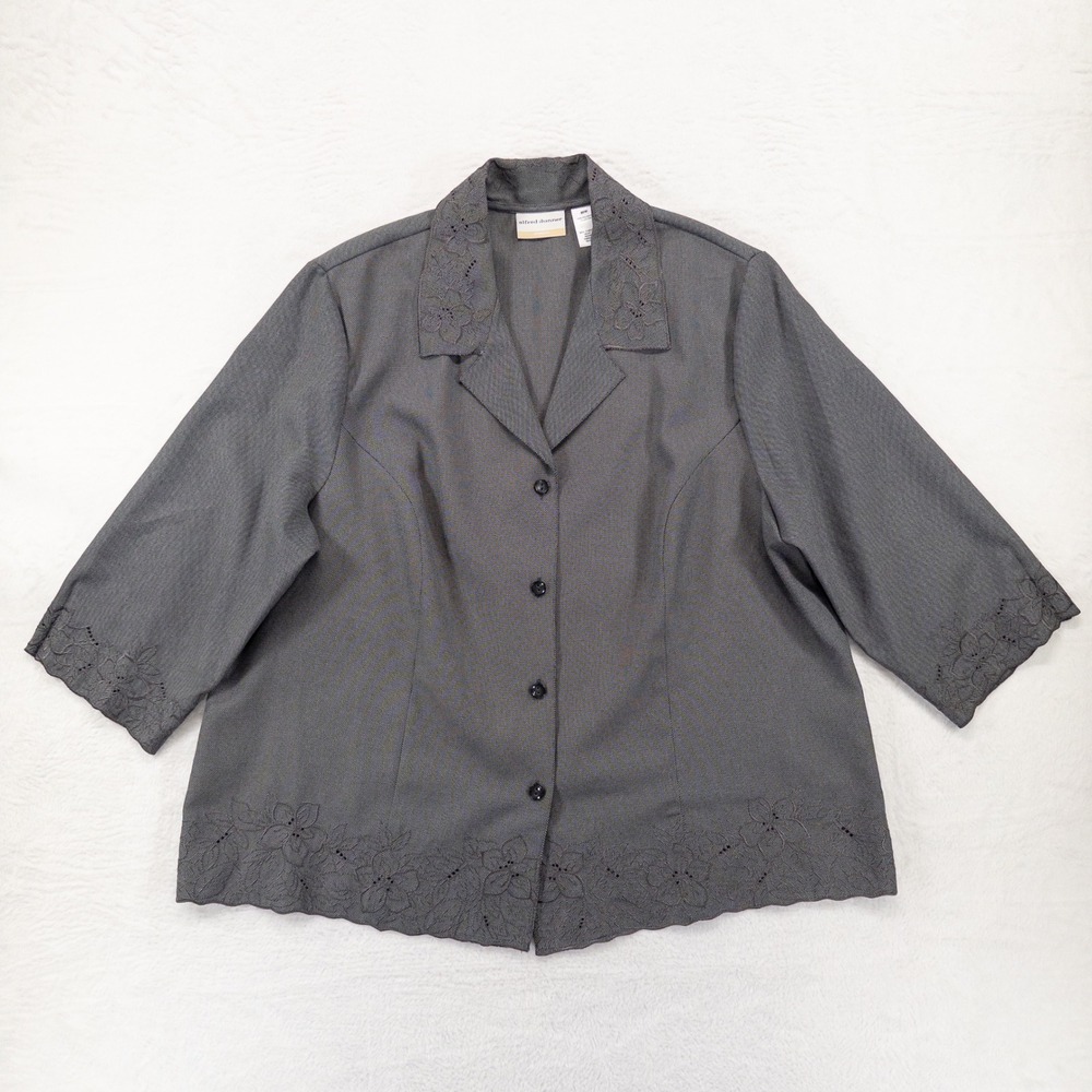 Alfred Dunner Top 20W Grey Floral Eyelet Embroidered Scallop Hem Blouse Jacket